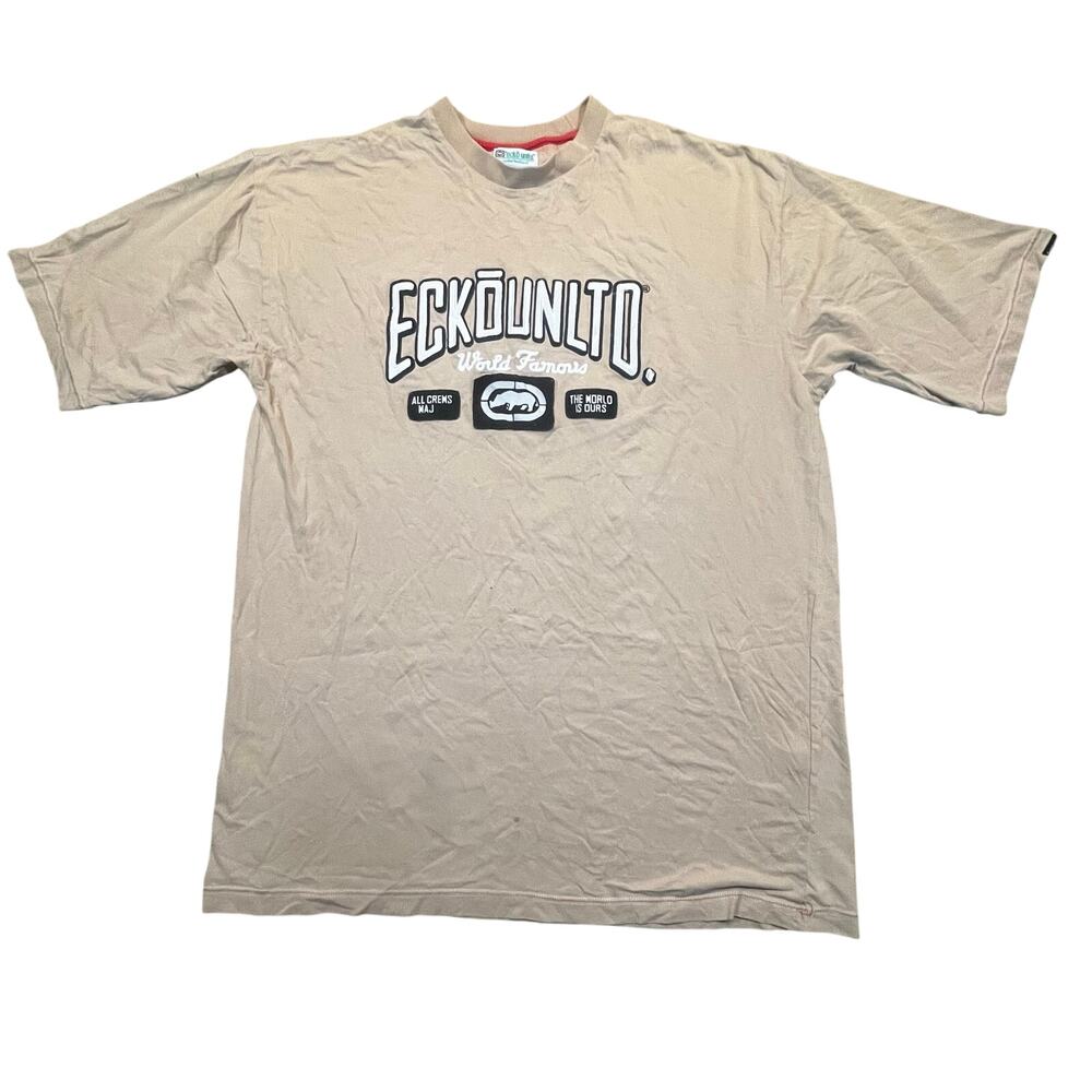 Ecko Unltd World Famous Graphic Tee Mens XL Y2K Beige Streetwear Shirt
